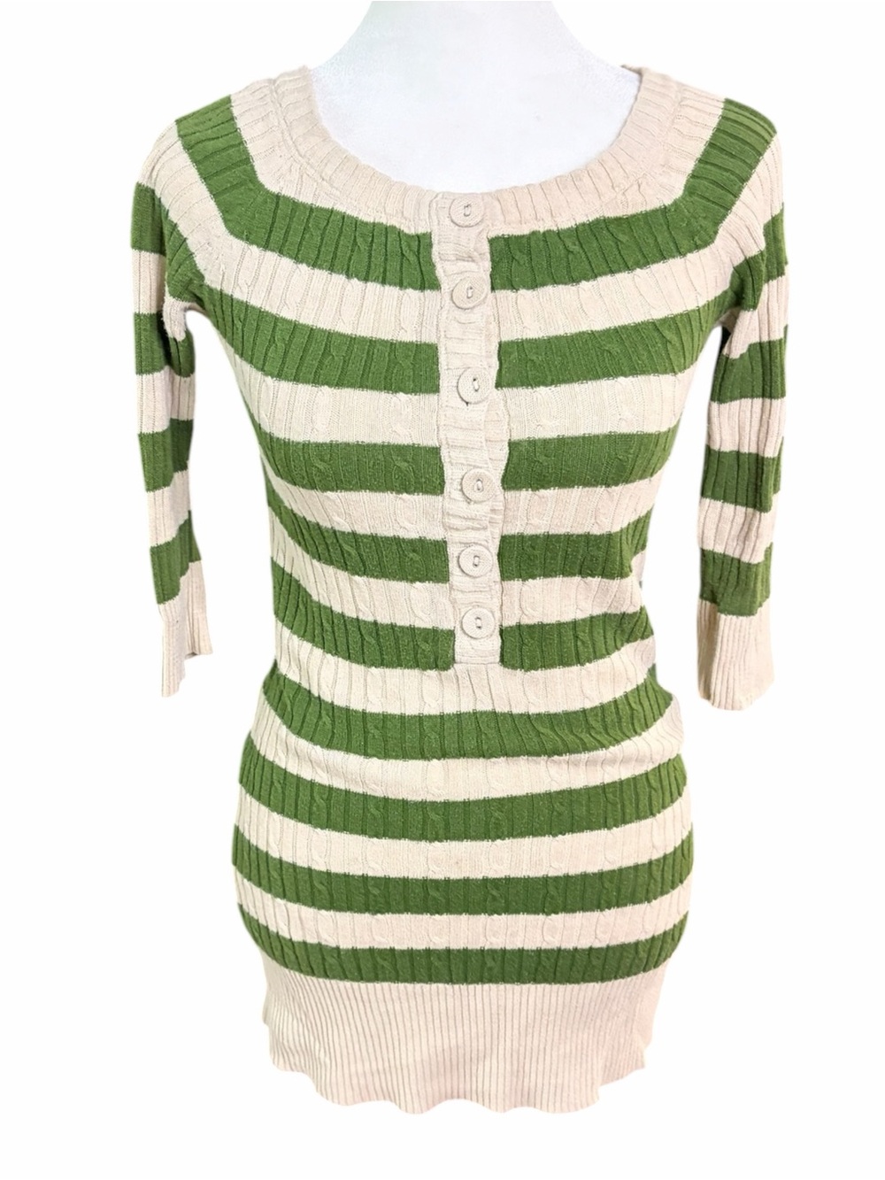 1990’s Vintage Striped Scoop Neck Button-Front Sweater in Green and Cream
